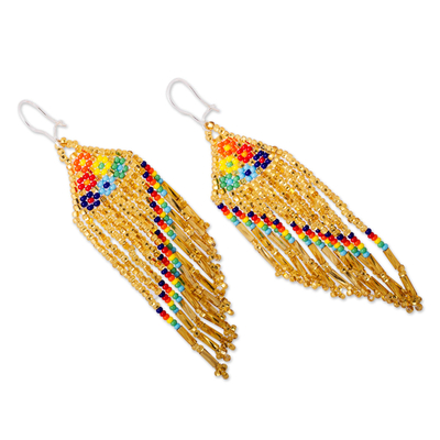 Glass beaded waterfall earrings, 'Bright Rainbow' - Bright Glass Beaded Waterfall Earrings from Mexico