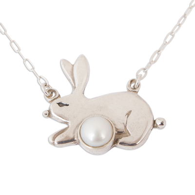 Cultured pearl pendant necklace, 'Glowing Rabbit' - Cultured Pearl Rabbit Pendant Necklace from Mexico