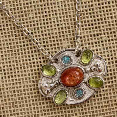 Sunstone and peridot pendant necklace, 'Light of Summer' - Sunstone Peridot and Recon. Turquoise Necklace from Mexico