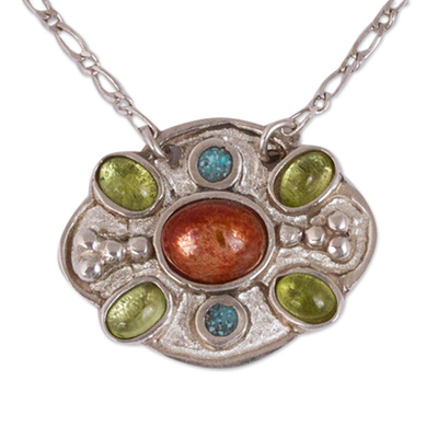 Sunstone and peridot pendant necklace, 'Light of Summer' - Sunstone Peridot and Recon. Turquoise Necklace from Mexico