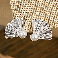 Cultured pearl drop earrings, 'Graceful Fans' - Fan-Shaped Cultured Pearl Drop Earrings from Mexico