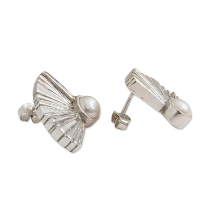 Cultured pearl drop earrings, 'Graceful Fans' - Fan-Shaped Cultured Pearl Drop Earrings from Mexico