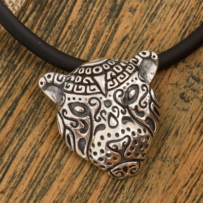 Sterling silver pendant necklace, 'Stylized Jaguar' - Sterling Silver Spotted Jaguar Pendant Necklace from Mexico