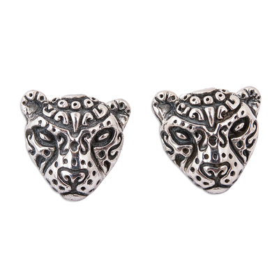 Sterling silver button earrings, 'Stylized Jaguar' - Stylized Sterling Silver Jaguar Button Earrings from Mexico