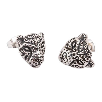 Sterling silver button earrings, 'Stylized Jaguar' - Stylized Sterling Silver Jaguar Button Earrings from Mexico