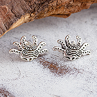 Sterling silver button earrings, 'Stylized Axolotl' - Stylized Sterling Silver Axolotl Button Earrings from Mexico