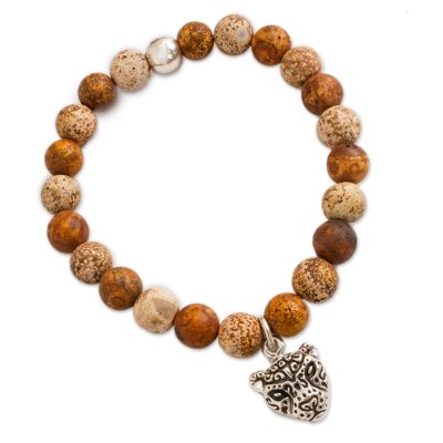 Brown Agate Beaded Stretch Bracelet with Jaguar Charm