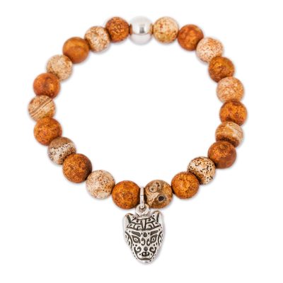 Brown Agate Beaded Stretch Bracelet with Wolf Charm