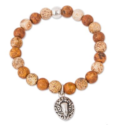 Brown Agate Beaded Stretch Bracelet with Macaw Charm