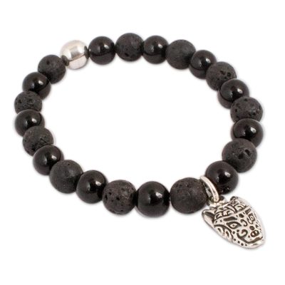 Onyx and Lava Stone Wolf Stretch Bracelet from Mexico