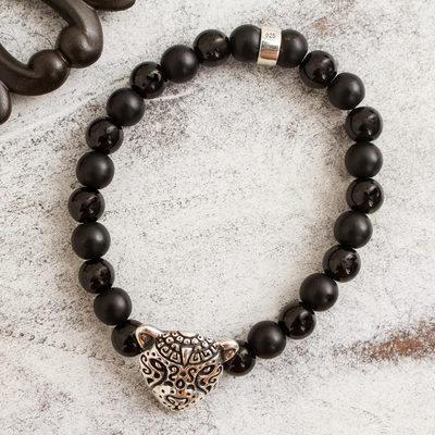 Onyx beaded stretch bracelet, Stylized Jaguar