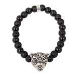 Onyx beaded stretch bracelet, 'Stylized Jaguar' - Onyx Beaded Stretch Bracelet with Jaguar Pendant from Mexico