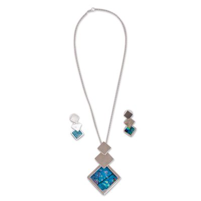 Sterling silver and glass jewelry set, 'Square Trio' - Square Pattern Sterling Silver and Glass Jewelry Set