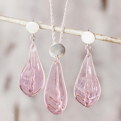 Sterling silver and glass jewelry set, 'Chromatic Beauty in Pink' - Glass and Sterling Silver Jewelry Set in Pink from Mexico