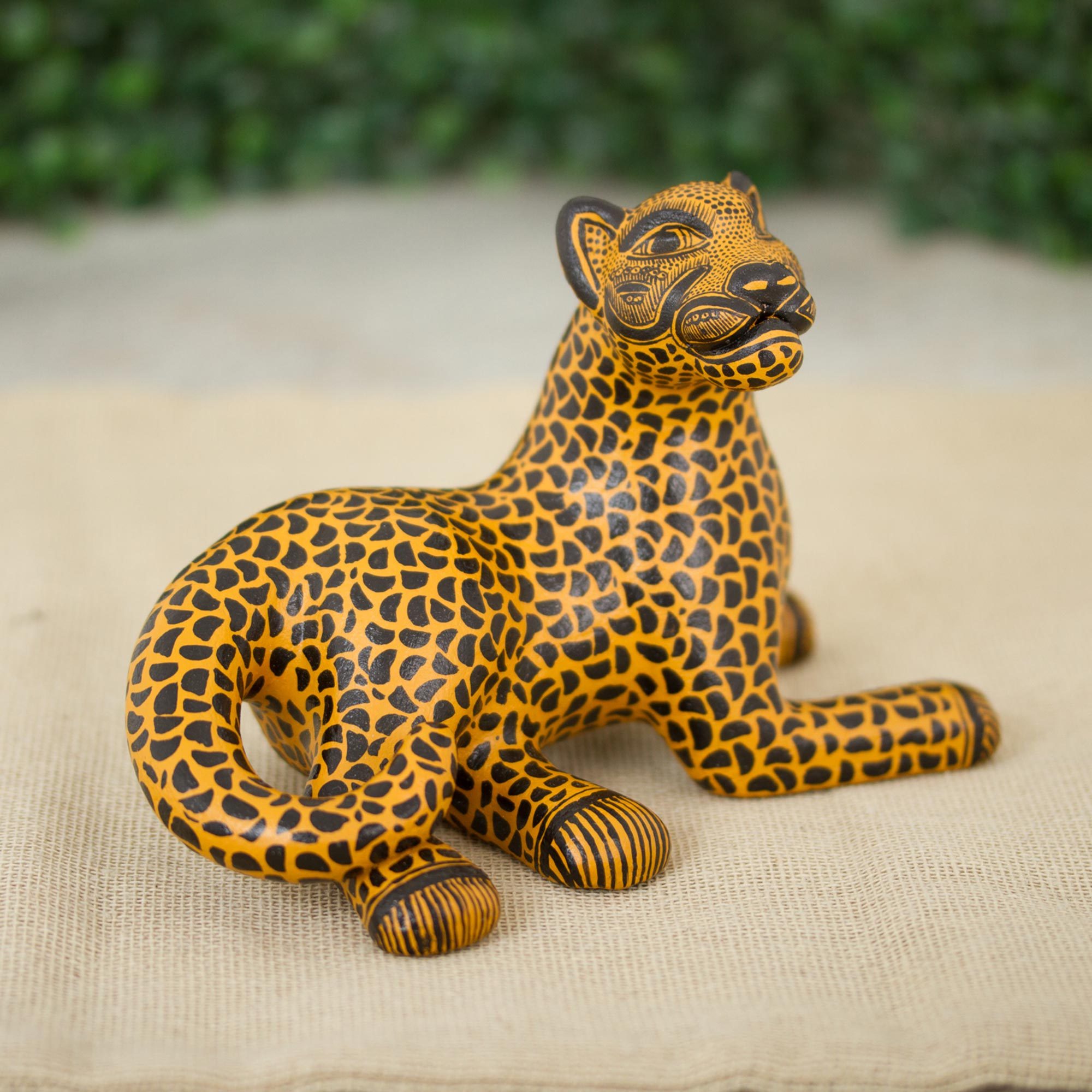 Yellow and Black Ceramic Jaguar Sculpture from Mexico Keen Jaguar