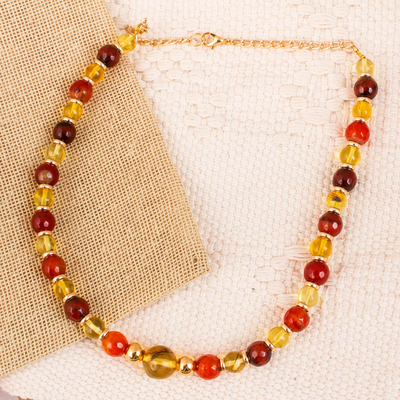 Vergoldete Halskette aus Bernstein und Achatperlen - Vergoldete Halskette mit Bernstein- und Achatperlen aus Mexiko