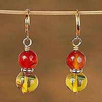 Gold accented agate and amber beaded dangle earrings, 'Wine Grapes' - Gold Accented Agate and Amber Beaded Dangle Earrings