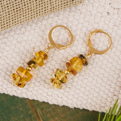 Gold plated amber beaded dangle earrings, 'Ancient Colors' - Gold Plated Natural Amber Beaded Dangle Earrings from Mexico
