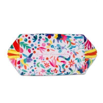 Printed cosmetic bag, 'Otomi Designs in White' (9 inch) - Otomi-Inspired Printed Cosmetic Bag in White (9 Inch)