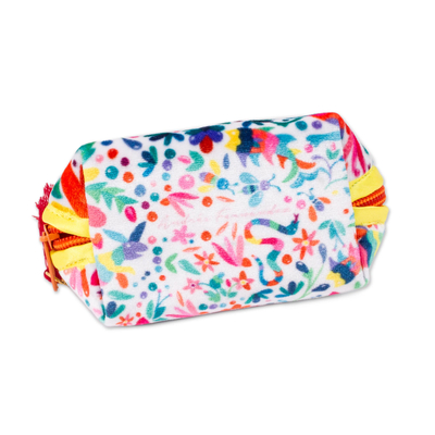 Printed cosmetic bag, 'Otomi Designs in White' (5 inch) - Otomi-Inspired Printed Cosmetic Bag in White (5 Inch)