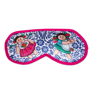 Cotton accented satin sleep mask, 'Talavera Dreams' - Talavera Motif Cotton Accented Satin Sleep Mask from Mexico