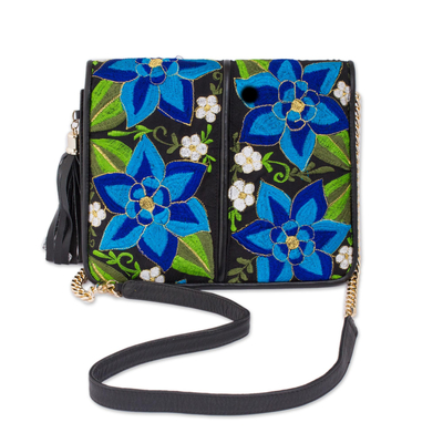 Leather accented cotton sling, 'Yucatan Flowers' - Leather Accented Cotton Sling with Blue Floral Embroidery