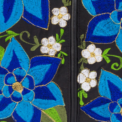 Leather accented cotton sling, 'Yucatan Flowers' - Leather Accented Cotton Sling with Blue Floral Embroidery
