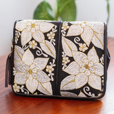 Cotton accent leather sling, White Flowers