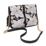 Cotton accent leather sling, 'White Flowers' - Leather and Cotton Accent Sling with White Floral Embroidery