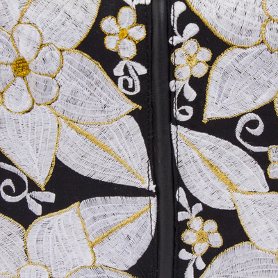 Cotton accent leather sling, 'White Flowers' - Leather and Cotton Accent Sling with White Floral Embroidery