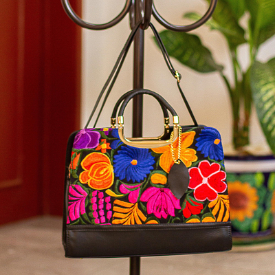 Handtasche aus Leder mit Baumwollakzent, 'Blumen von Mailand'. - Handtasche aus floralem Baumwoll-Akzentleder aus Mexiko