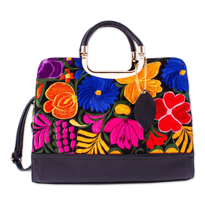 Cotton accent leather handbag, 'Flowers of Milan' - Floral Cotton Accent Leather Handbag from Mexico