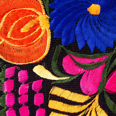 Handtasche aus Leder mit Baumwollakzent, 'Blumen von Mailand'. - Handtasche aus floralem Baumwoll-Akzentleder aus Mexiko