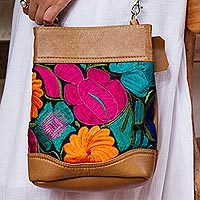 Cotton accent leather sling, 'Traveling Bouquet in Ginger' - Floral Cotton accent Leather Sling in Ginger from Mexico