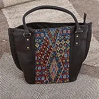 Bolso de hombro de cuero con acento de algodón, 'Otomi Geometry' - Bolso de hombro de cuero con acento de algodón con patrón geométrico