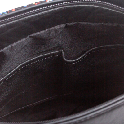 Cotton accent leather shoulder bag, 'Otomi Geometry' - Geometric Pattern Cotton Accent Leather Shoulder Bag
