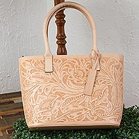 Leather shoulder bag, 'Floral Ancestry in Buff' - Floral Pattern Leather Shoulder Bag in Buff from Mexico