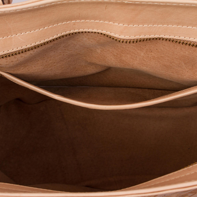 Leather shoulder bag, 'Floral Ancestry in Buff' - Floral Pattern Leather Shoulder Bag in Buff from Mexico