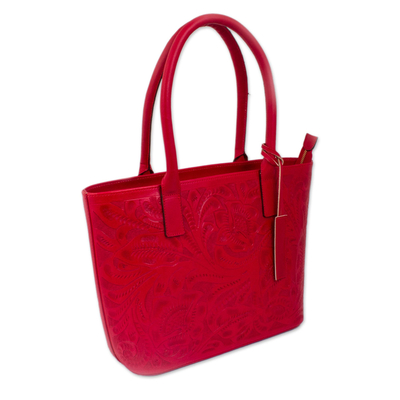 Umhängetasche aus Leder, 'Floral Ancestry in Crimson'. - Umhängetasche aus Leder mit Blumenmuster in Karmesinrot aus Mexiko