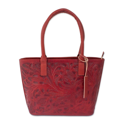 Floral Pattern Leather Shoulder Bag in Mahogany from Mexico