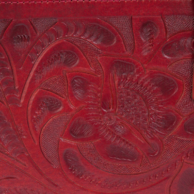 Umhängetasche aus Leder - Umhängetasche aus Leder mit Blumenmuster in Mahagoni aus Mexiko