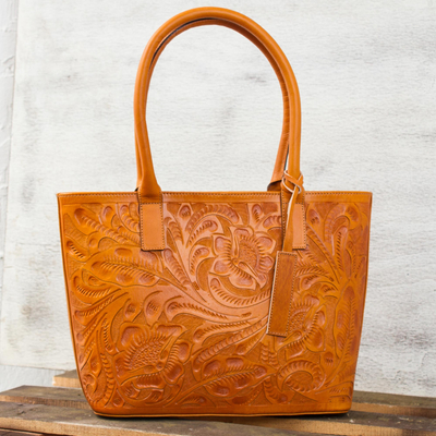 Leather shoulder bag, 'Floral Ancestry in Ginger' - Floral Pattern Leather Shoulder Bag in Ginger from Mexico