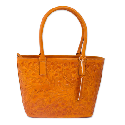 Floral Pattern Leather Shoulder Bag in Ginger from Mexico