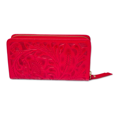 Leather wallet, 'Floral Pattern in Crimson' - Floral Patterned Leather Wallet in Crimson from Mexico