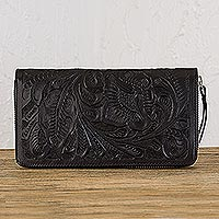 Leather wallet, 'Floral Pattern in Black' - Floral Patterned Leather Wallet in Black from Mexico