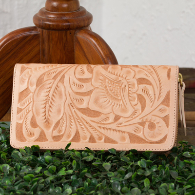Leather wallet, 'Floral Pattern in Buff' - Floral Patterned Leather Wallet in Buff from Mexico