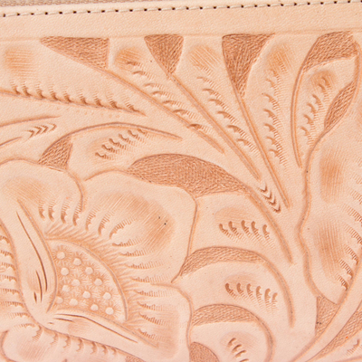 Leather wallet, 'Floral Pattern in Buff' - Floral Patterned Leather Wallet in Buff from Mexico