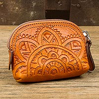 Leather coin purse, 'Beautiful Tradition in Ginger' - Floral Pattern Leather Coin Purse in Ginger from Mexico