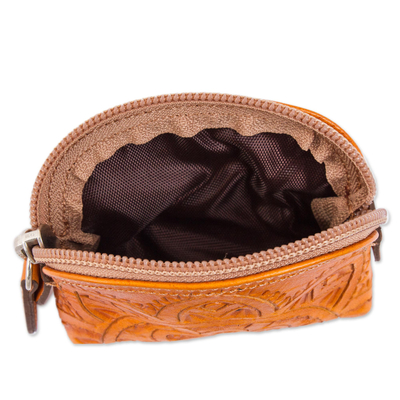 Leather coin purse, 'Beautiful Tradition in Ginger' - Floral Pattern Leather Coin Purse in Ginger from Mexico