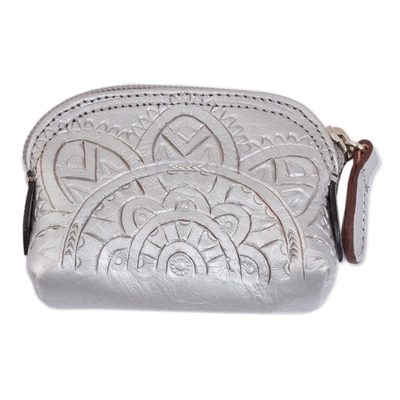 Leather coin purse, 'Beautiful Tradition in Silver' - Floral Pattern Leather Coin Purse in Silver from Mexico
